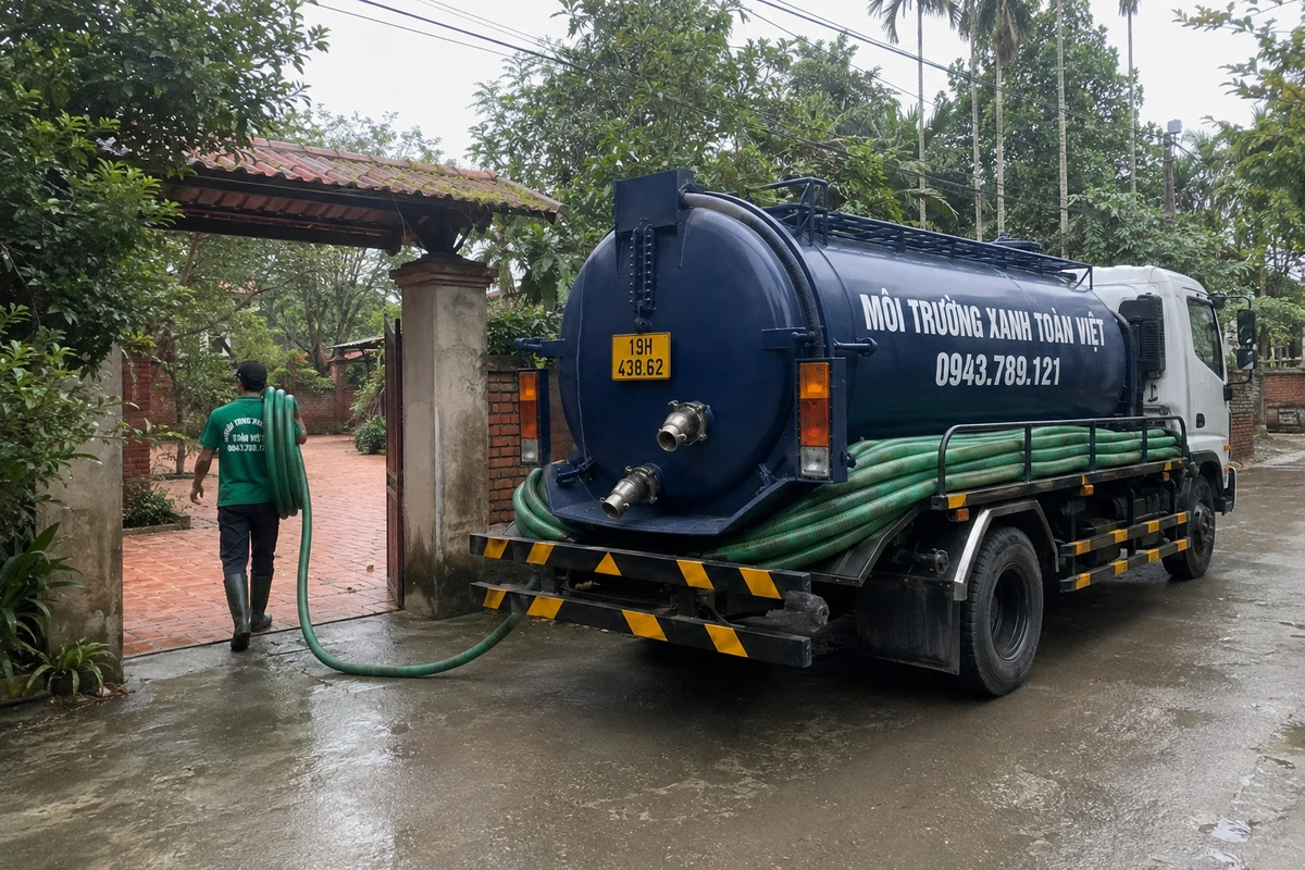 Hút bể phốt Tại Thanh Thủy 24/7 | Môi Trường Xanh Toàn Việt 9 Xe hút bể phốt chuyên dụng cùng đường ống phục vụ công trình