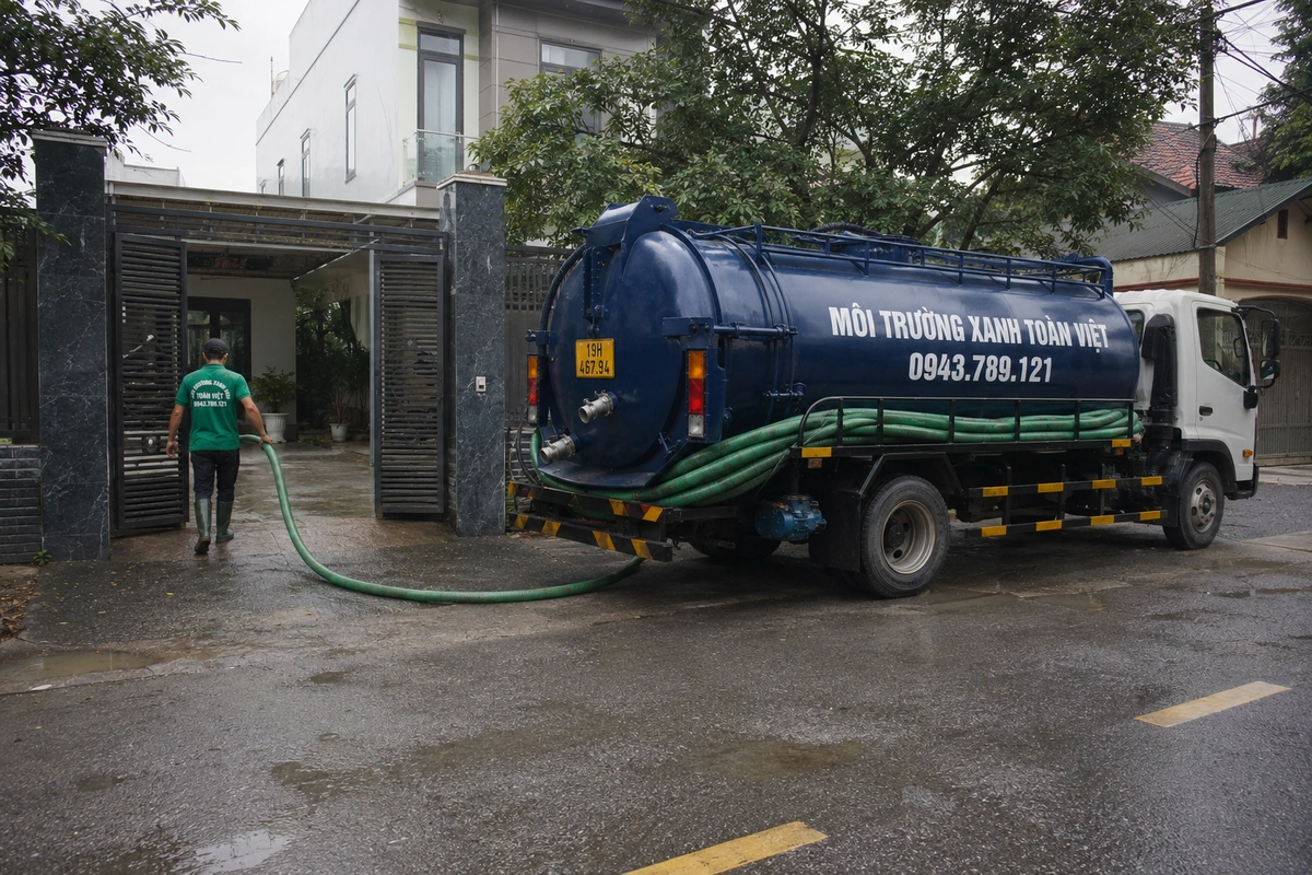 Hút bể phốt Tại Thanh Thủy 24/7 | Môi Trường Xanh Toàn Việt 10 Xe hút bể phốt làm việc tại khu dân cư