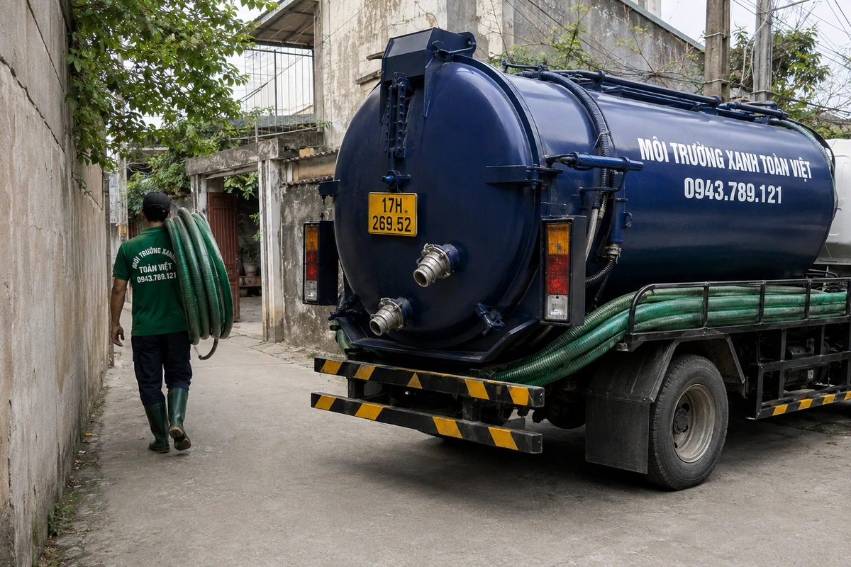 Xe hút bể phốt chuyên dụng cùng đường ống phục vụ công trình