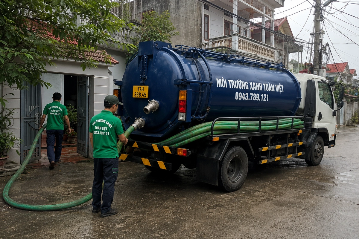 Xe hút bể phốt làm việc tại khu dân cư