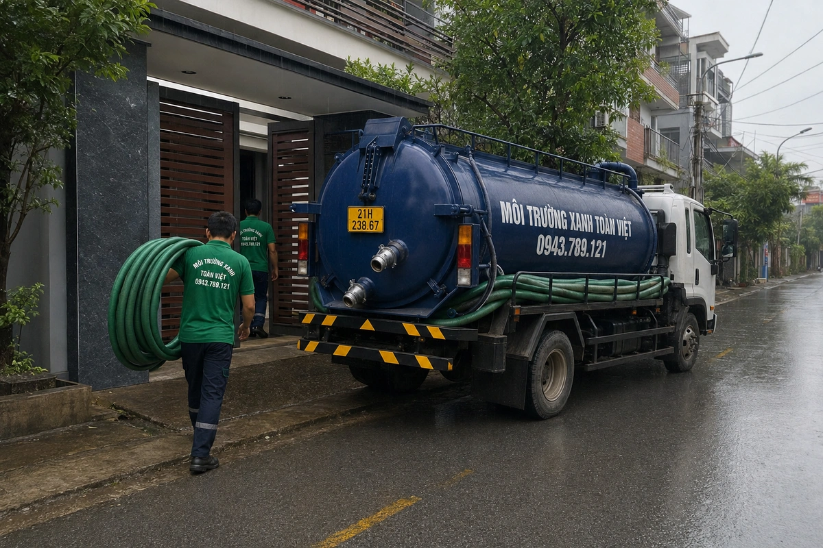 Hút Bể Phốt Tại Yên Bái, Khảo Sát Đường Vào Trước Khi Báo Giá 9 Xe hút bể phốt phục vụ tại khu dân cư trong điều kiện đường ướt