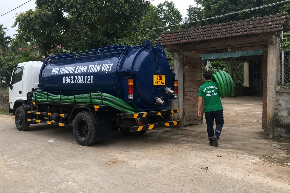 Nhân viên triển khai đường ống từ xe hút bể phốt