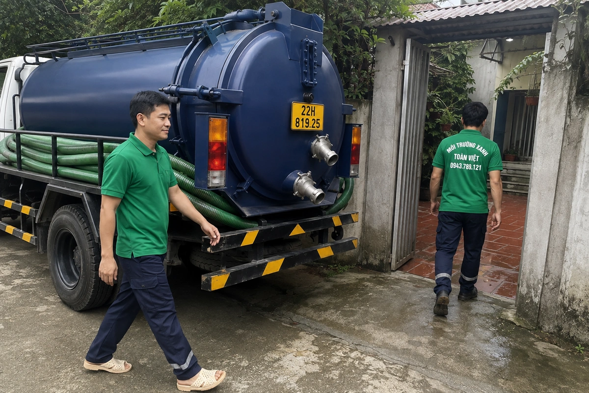 Xe hút bể phốt đỗ tại khu dân cư để làm việc