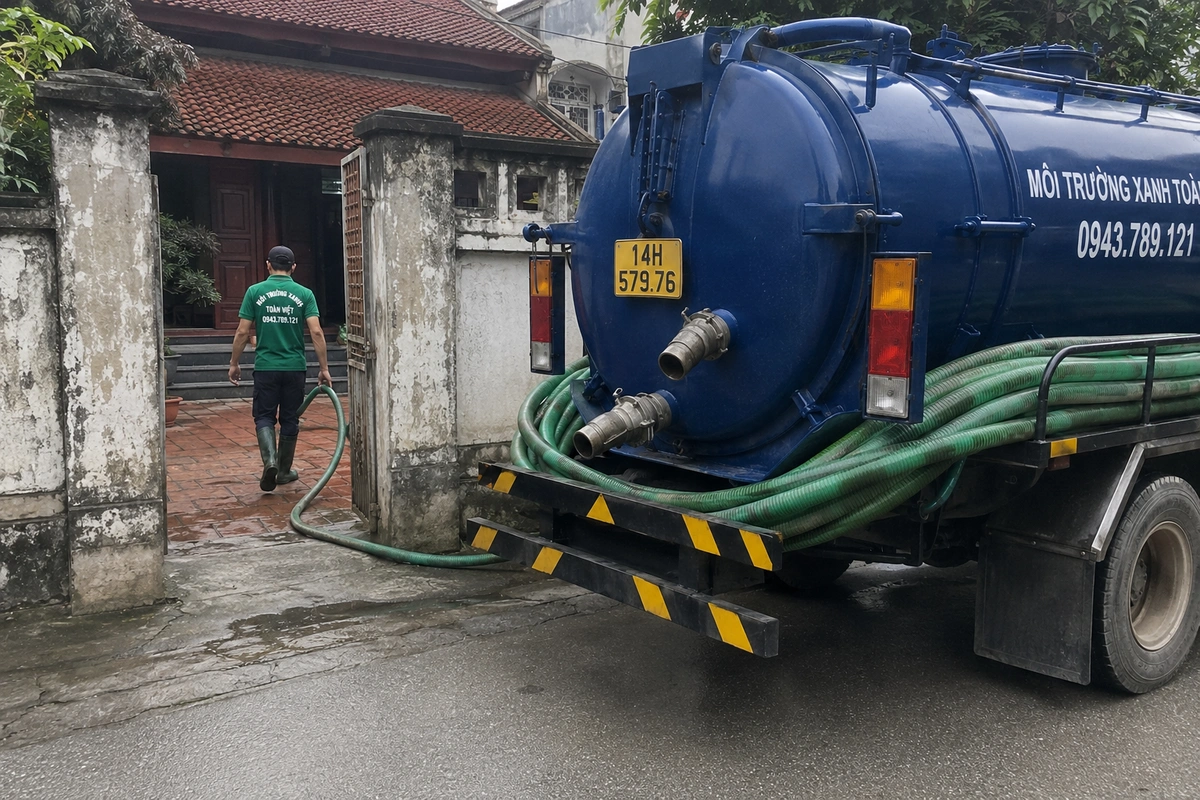 Xe hút bể phốt chuyên dụng cùng đường ống phục vụ công trình