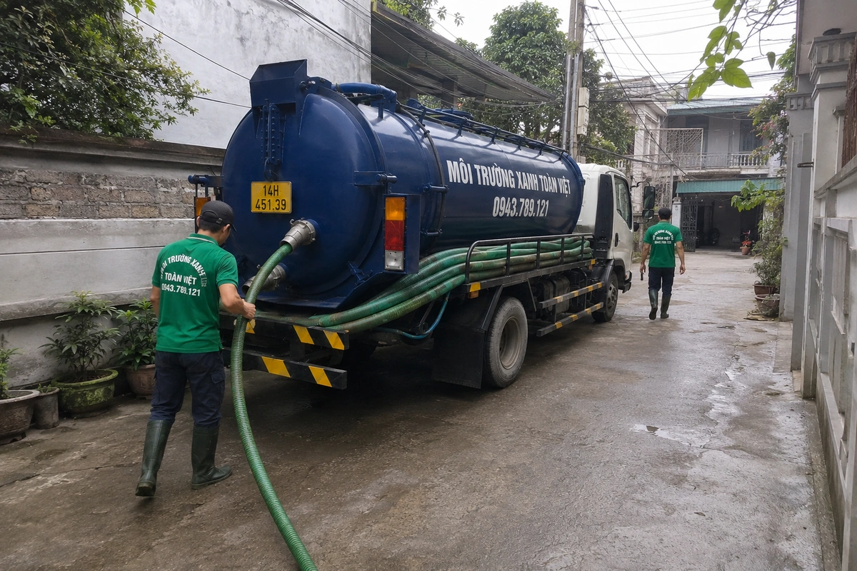 Xe hút bể phốt làm việc tại khu dân cư