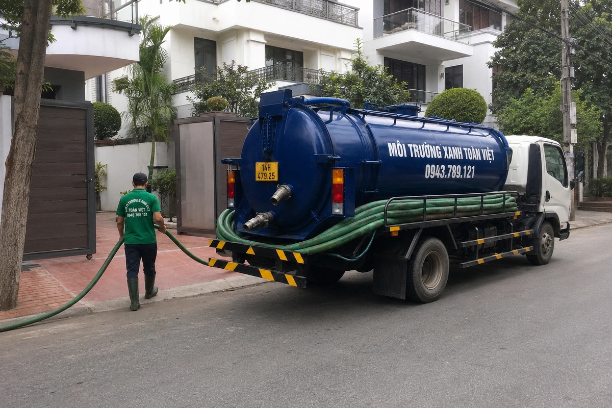 Xe hút bể phốt chuyên dụng cùng đường ống phục vụ công trình