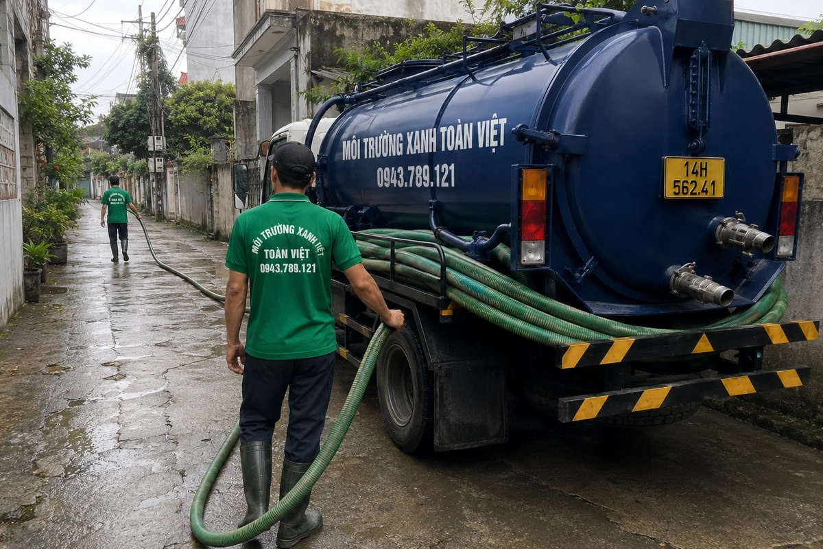 Xe hút bể phốt làm việc tại khu dân cư