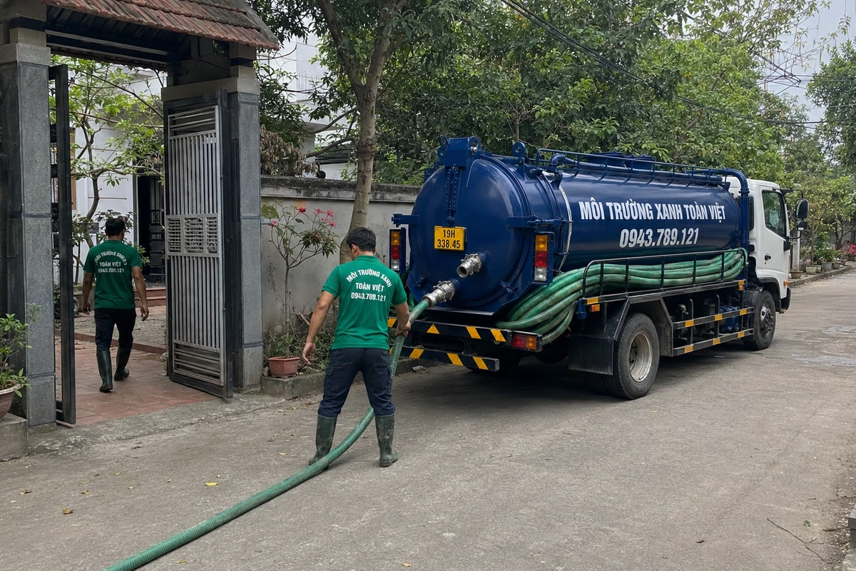 Xe hút bể phốt làm việc tại khu dân cư