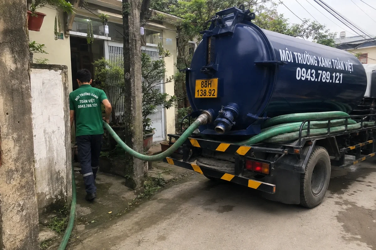 Nhân viên triển khai đường ống từ xe hút bể phốt