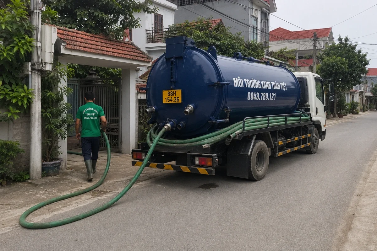 Xe hút bể phốt đỗ tại khu dân cư để làm việc