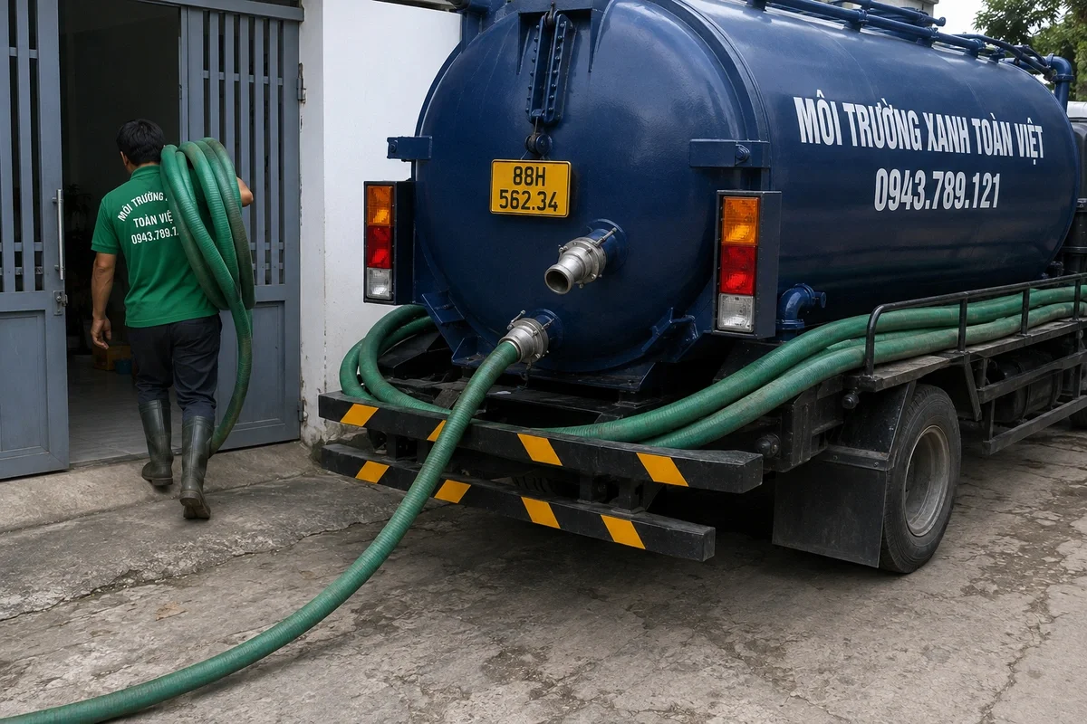 Nhân viên triển khai đường ống từ xe hút bể phốt