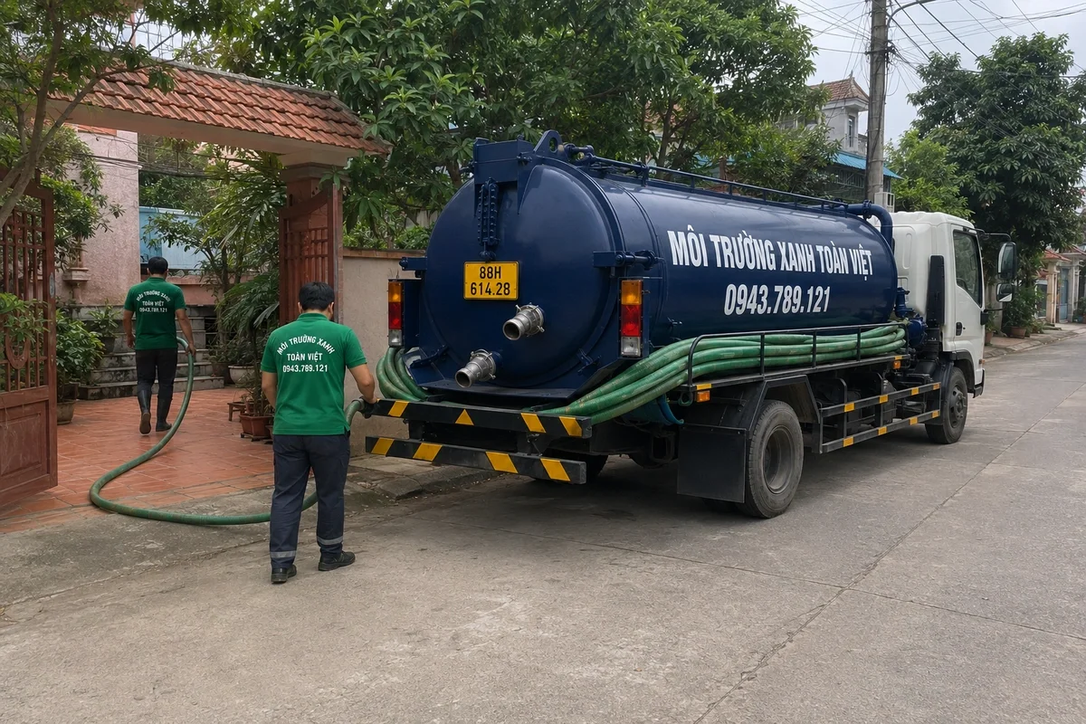 Xe hút bể phốt đỗ tại khu dân cư để làm việc