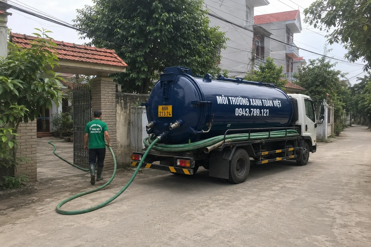 Nhân viên triển khai đường ống từ xe hút bể phốt