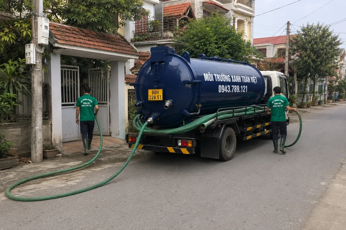 Xe hút bể phốt đỗ tại khu dân cư để làm việc