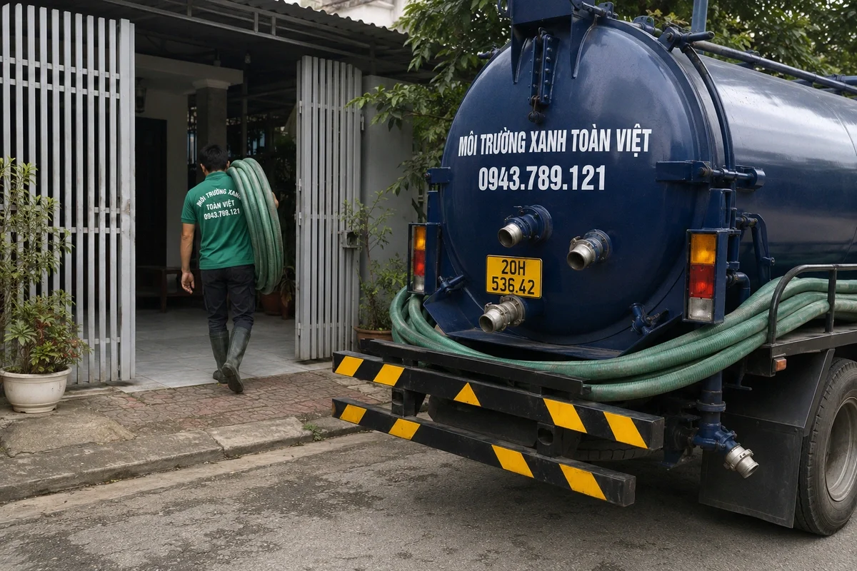Hút Bể Phốt Tại Võ Nhai | Kiểm Tra Bể | Xanh Toàn Việt 11 Xe hút bể phốt làm việc tại khu dân cư