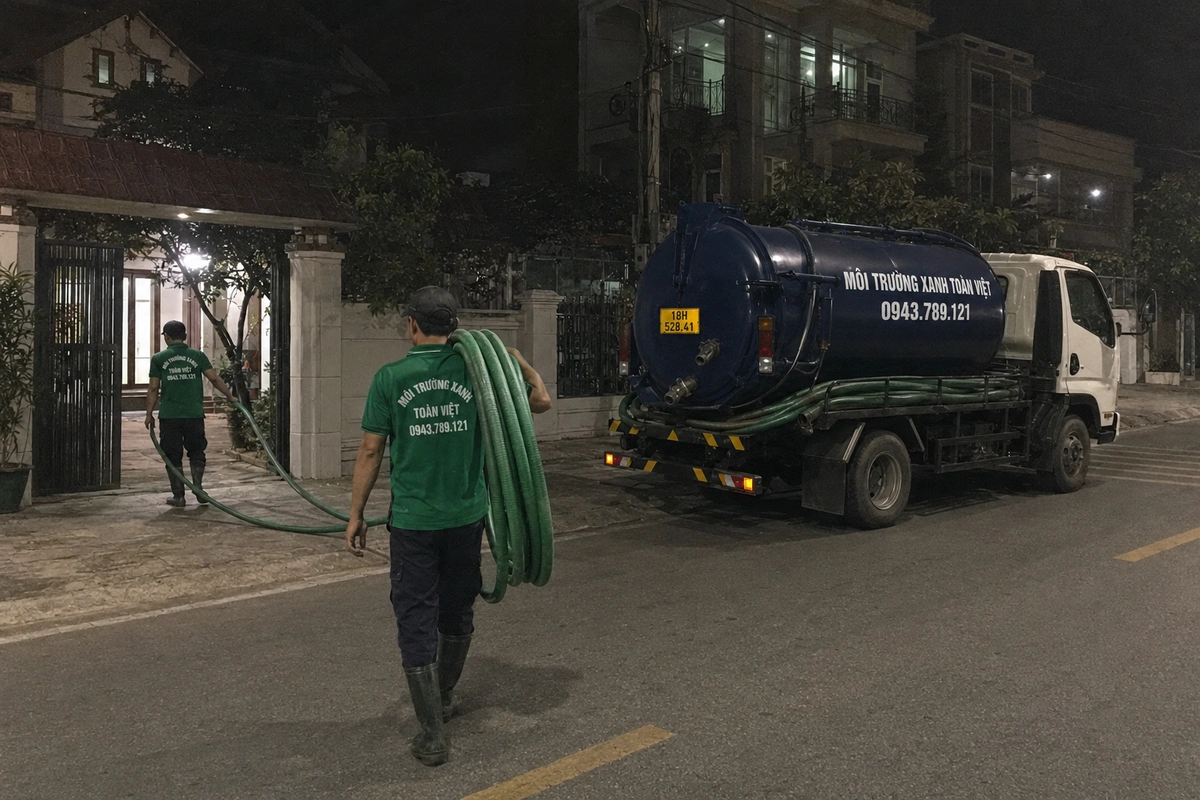 Xe hút bể phốt chuyên dụng cùng đường ống phục vụ công trình