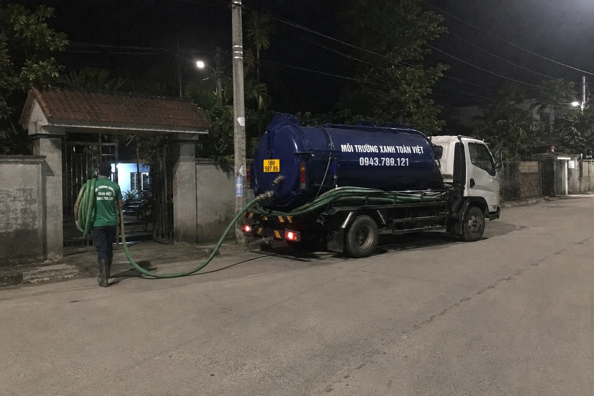 Xe hút bể phốt chuyên dụng cùng đường ống phục vụ công trình