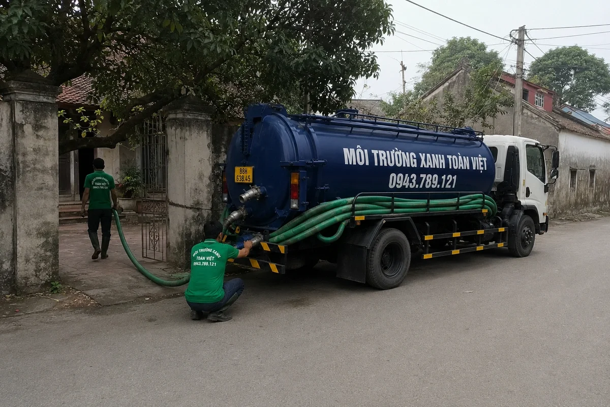 Hút bể phốt tại Yên Lạc giá rẻ uy tín | Toàn Việt 10 Nhân viên triển khai đường ống từ xe hút bể phốt