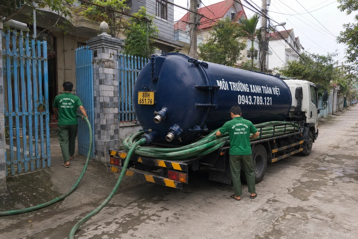 Hút bể phốt tại Yên Lạc giá rẻ uy tín | Toàn Việt 11 Xe hút bể phốt đỗ tại khu dân cư để làm việc