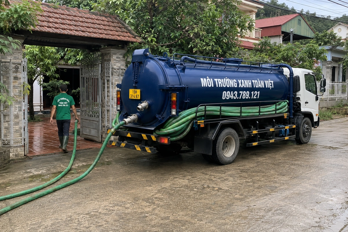Xe hút bể phốt chuyên dụng cùng đường ống phục vụ công trình