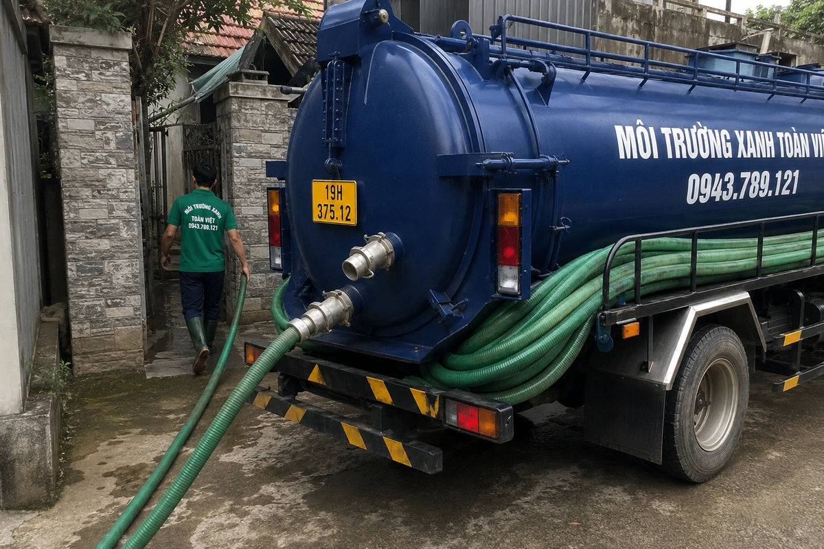 Xe hút bể phốt làm việc tại khu dân cư