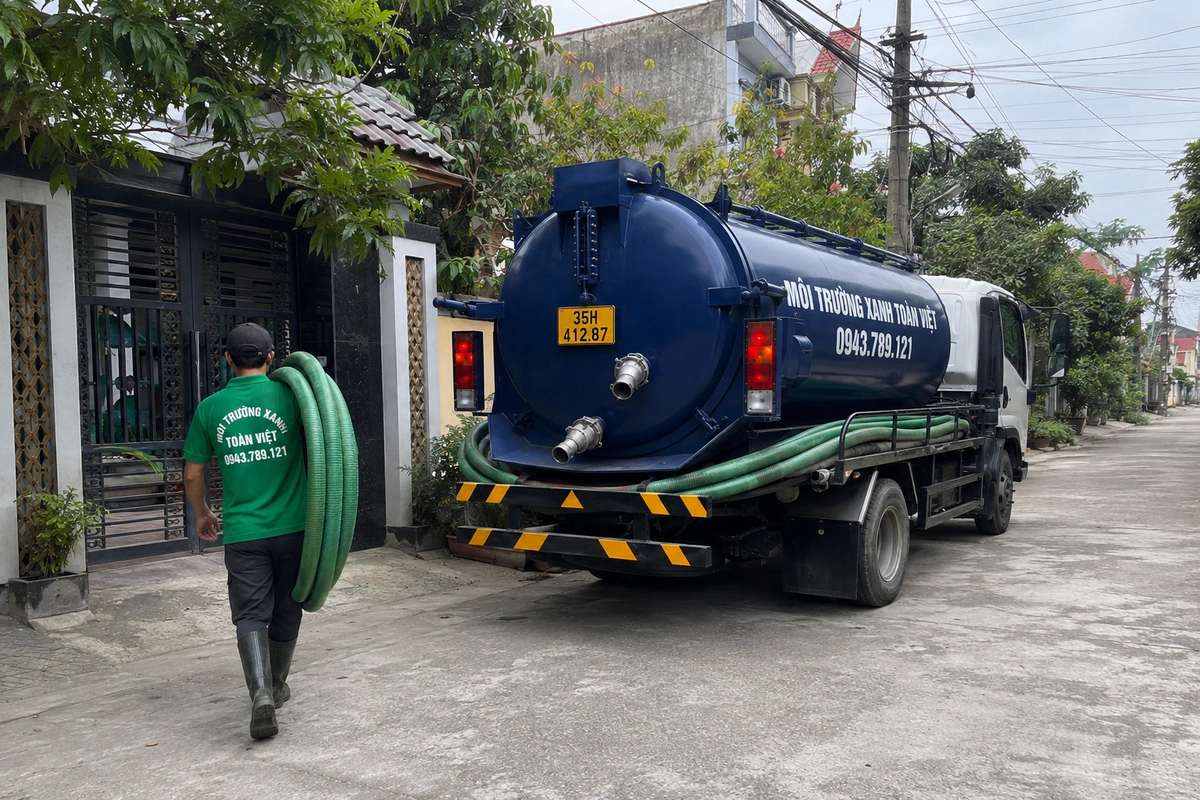 Xe hút bể phốt chuyên dụng cùng đường ống phục vụ công trình