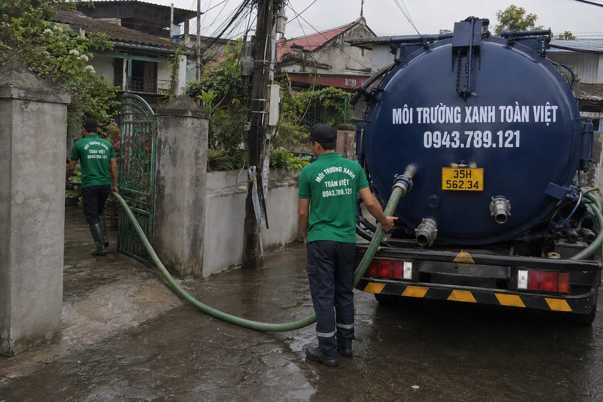 Xe hút bể phốt làm việc tại khu dân cư