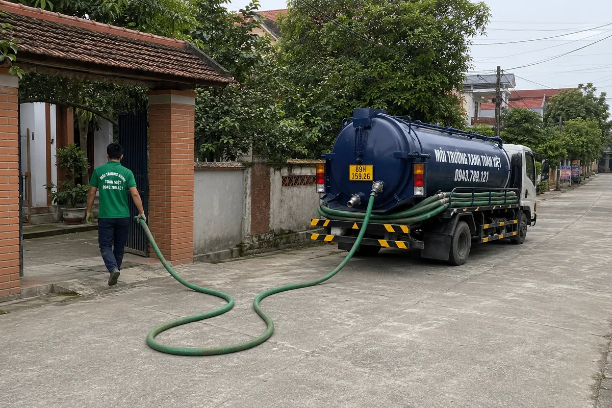 Xe hút bể phốt cùng nhân viên phục vụ công trình