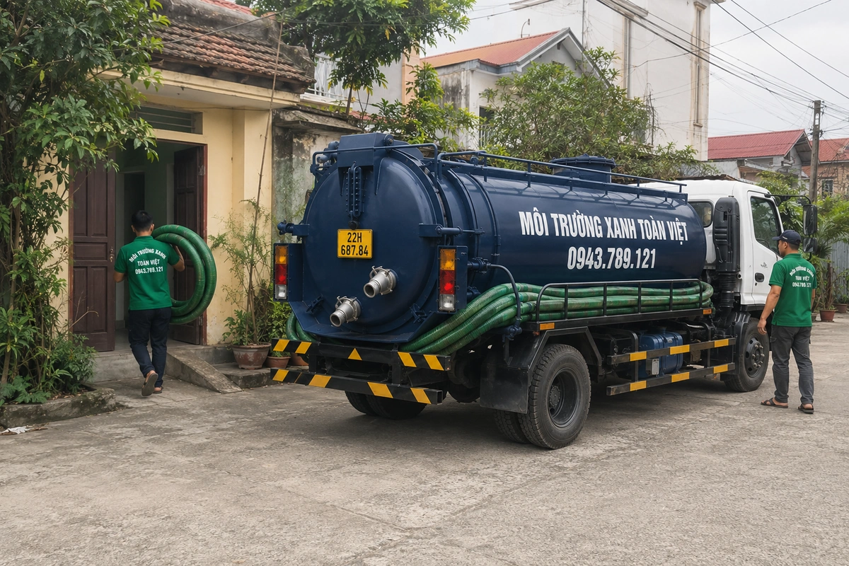 Nhân viên triển khai đường ống từ xe hút bể phốt