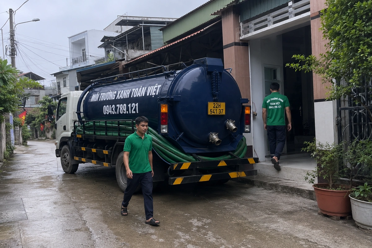 Xe hút bể phốt đỗ tại khu dân cư để làm việc