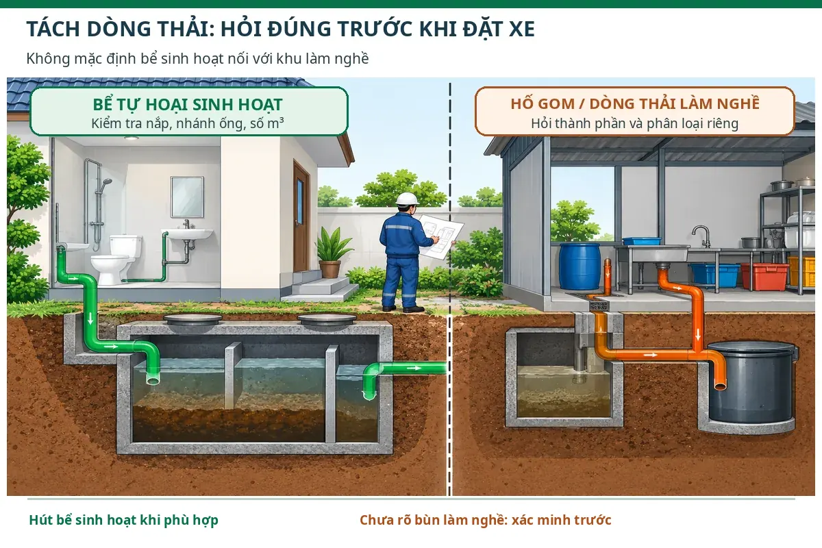 Mặt cắt hai dòng thải tách biệt: bể tự hoại từ nhà vệ sinh và hố gom nước thải của khu làm nghề