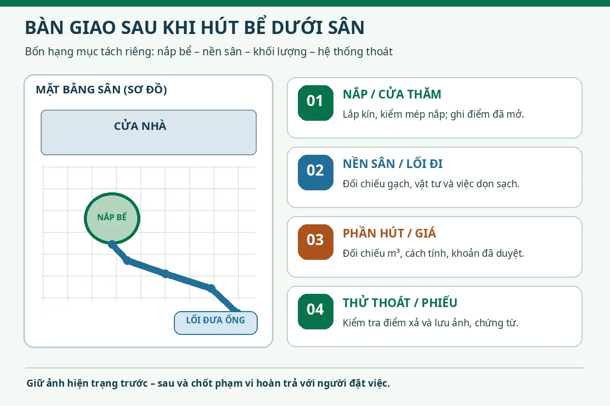 Mặt bằng sân với nắp bể và đường đưa ống, cạnh bốn ô kiểm tra nắp, nền, phần hút và phiếu bàn giao