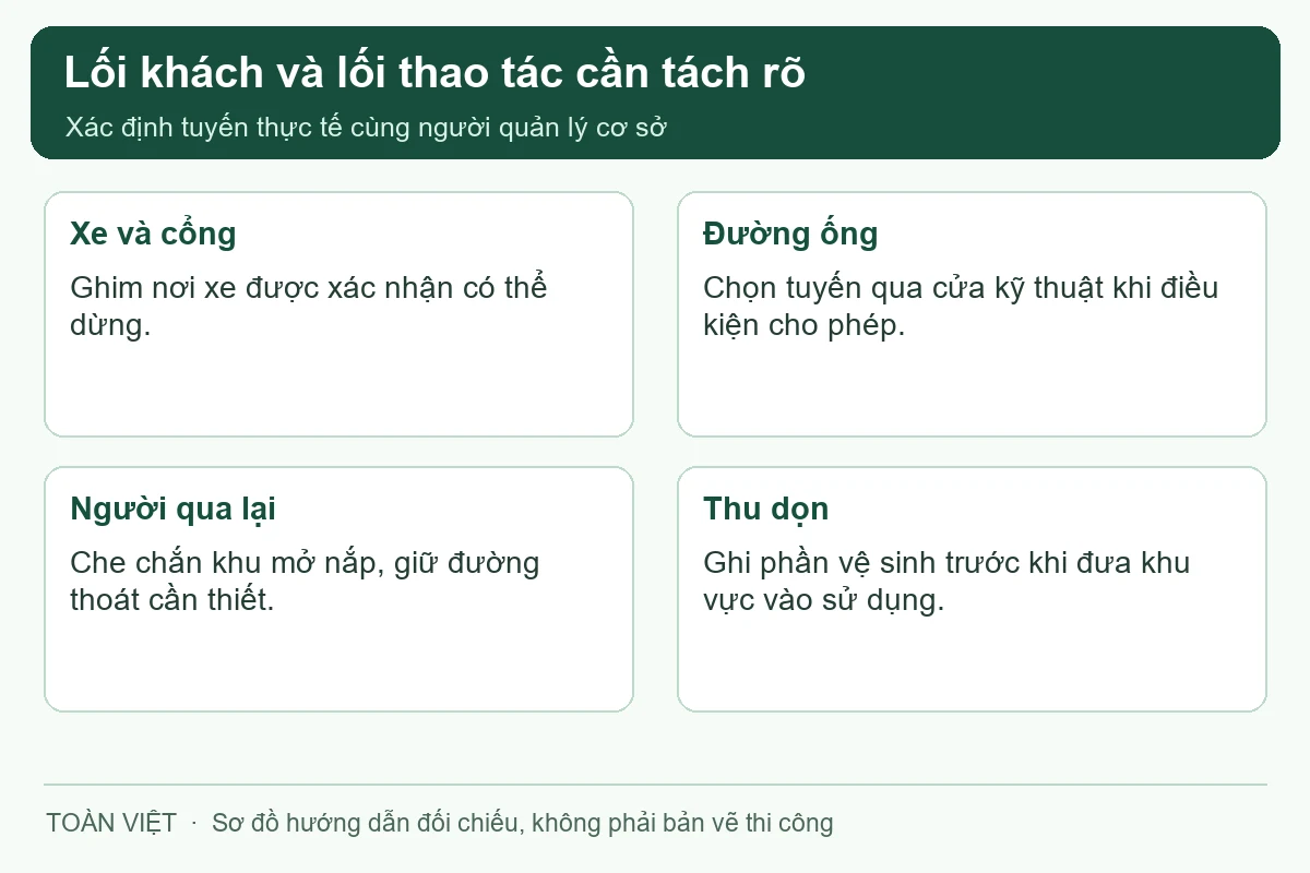 Bố trí lối thao tác khi hút bể phốt tại Hoàn Kiếm theo hiện trạng cơ sở.