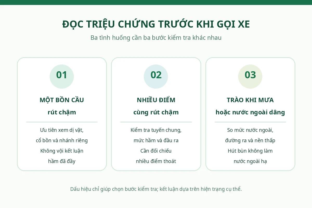 Sơ đồ phân biệt một bồn cầu chậm, nhiều điểm thoát chậm và trào nước khi mưa