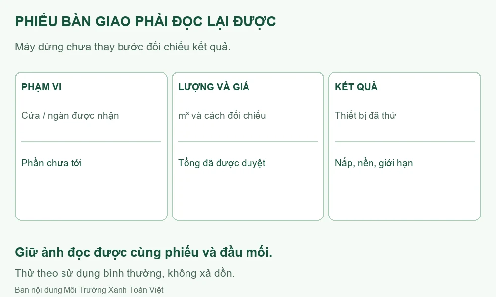Sơ đồ ba nhóm trên phiếu bàn giao: phạm vi, lượng và giá, kết quả đã kiểm.