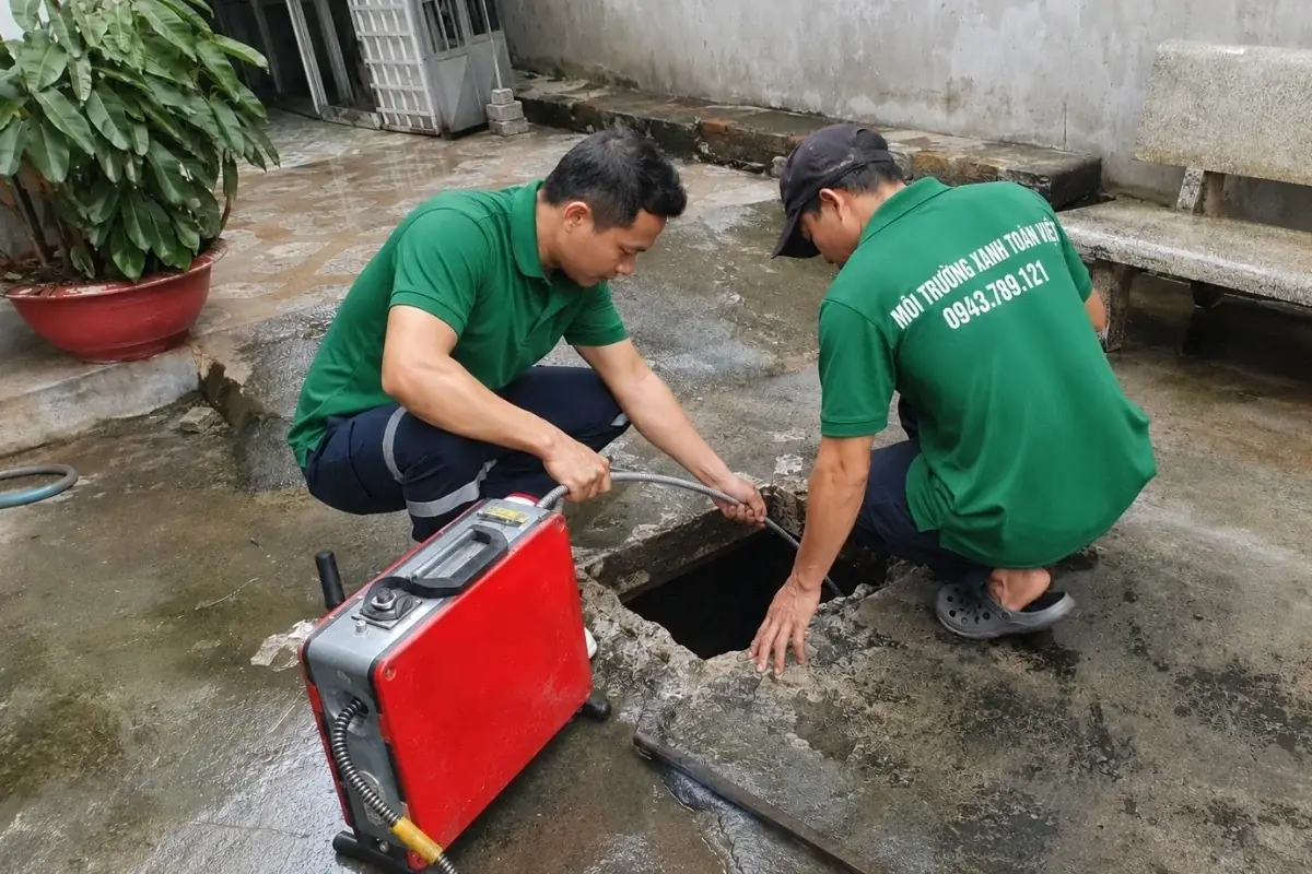 Hai nhân viên phối hợp đưa dây máy qua cửa hố mở trên sân