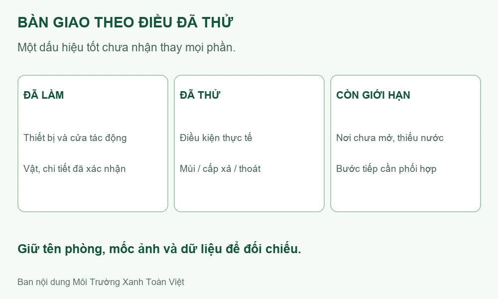 Sơ đồ bàn giao phần đã làm, các nhóm đã thử và giới hạn cần giữ sau dịch vụ.