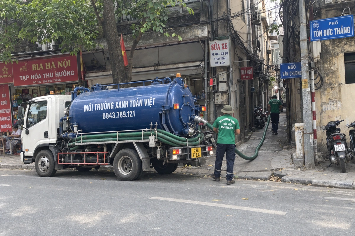 Hút bể phốt ngõ Văn Chương, Đống Đa – Toàn Việt Xe hút bể phốt Toàn Việt đỗ trên phố Tôn Đức Thắng, nhân viên kéo ống vào ngõ Văn Chương