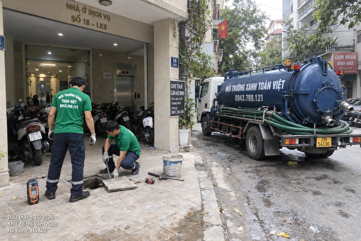 Hút bể phốt Văn Quán, Hà Đông – Toàn Việt Nhân viên Toàn Việt mở điểm tiếp cận bể dưới nền khu để xe tại Văn Quán, Hà Đông