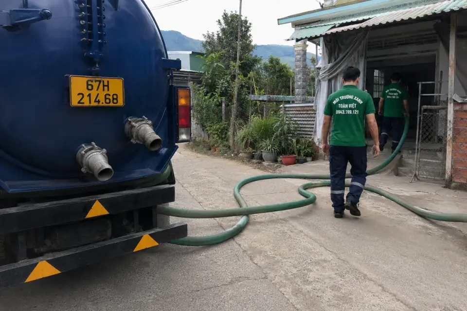 Nhân viên dẫn ống qua sân trong thư viện hút hầm cầu An Giang