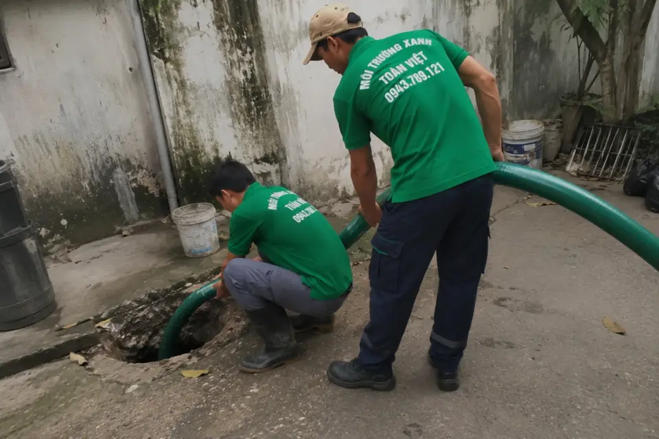Hai nhân viên thao tác với ống ở điểm mở hầm trong bộ ảnh An Giang