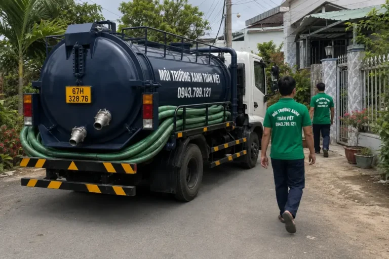 Xe bồn và nhân viên Toàn Việt bố trí gần cổng nhà.