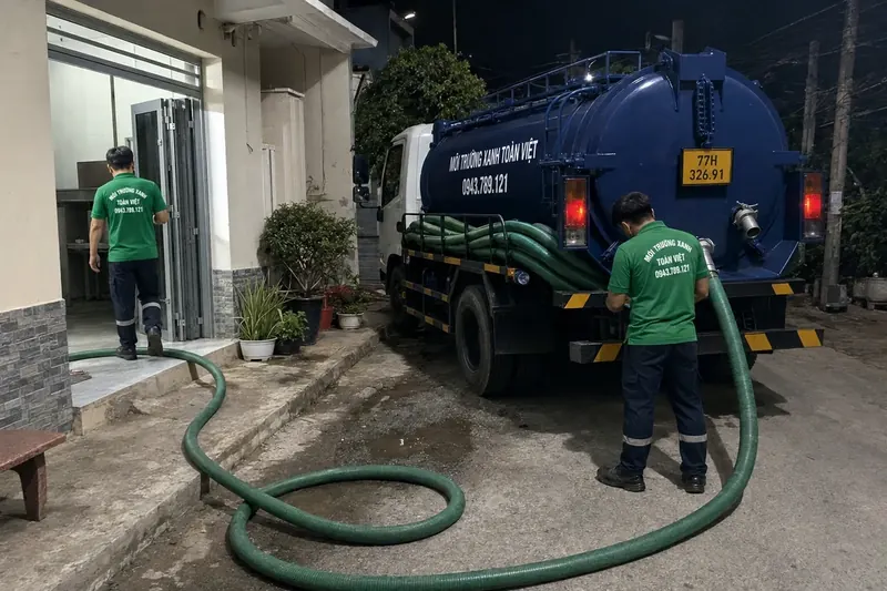 Hút hầm cầu Bình Định – Môi Trường Xanh Toàn Việt 36 Nhân viên bố trí ống trước cửa nhà