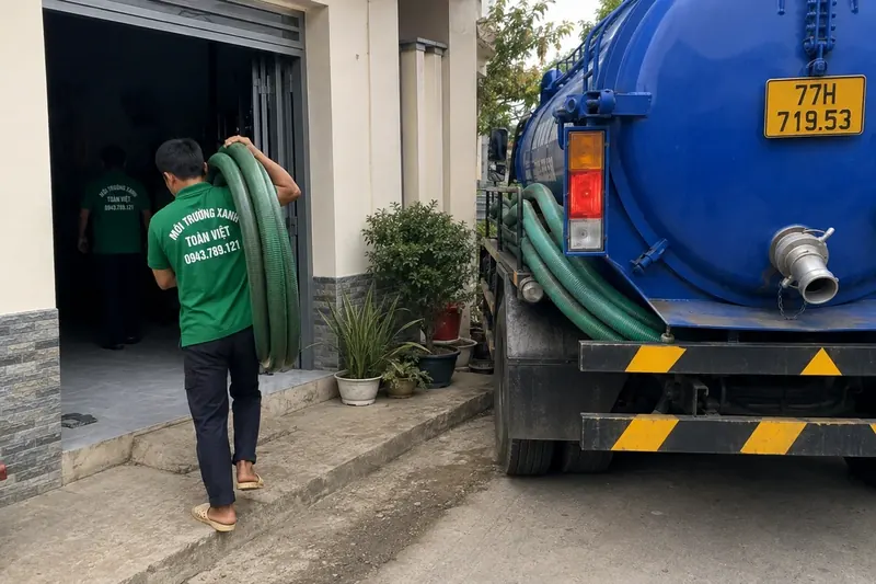 Hút hầm cầu Bình Định – Môi Trường Xanh Toàn Việt 37 Nhân viên mang cuộn ống từ xe đến cửa