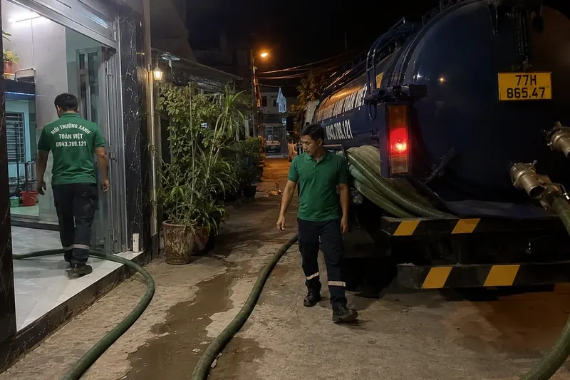 Hút hầm cầu Bình Định – Môi Trường Xanh Toàn Việt 38 Nhân viên Toàn Việt và xe bồn tại lối vào buổi tối