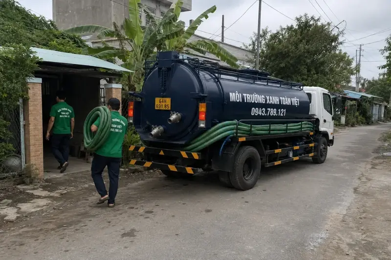 Xe hút chuyên dụng và nhân viên tại cổng