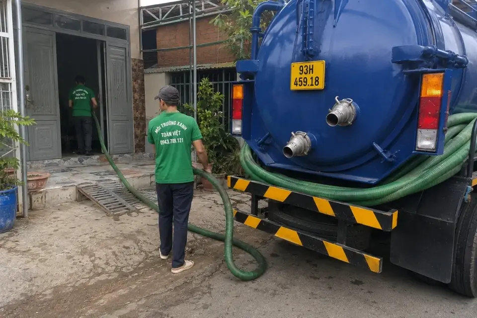 Nhân viên cạnh đầu nối và ống ở phía sau xe bồn.