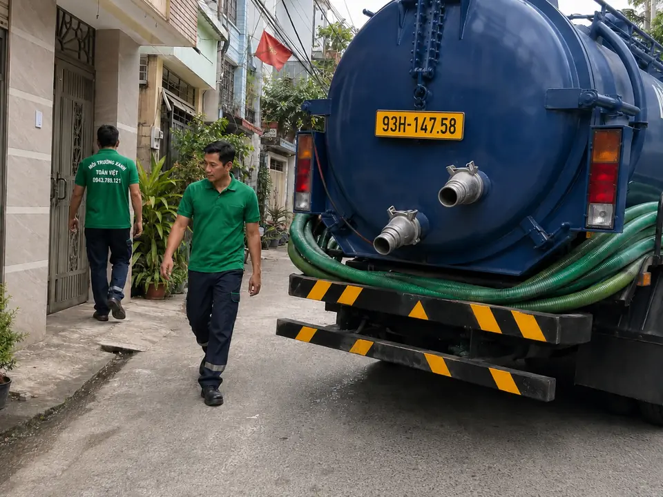 Nhân viên đi cạnh phía đuôi xe và tuyến ống xanh.