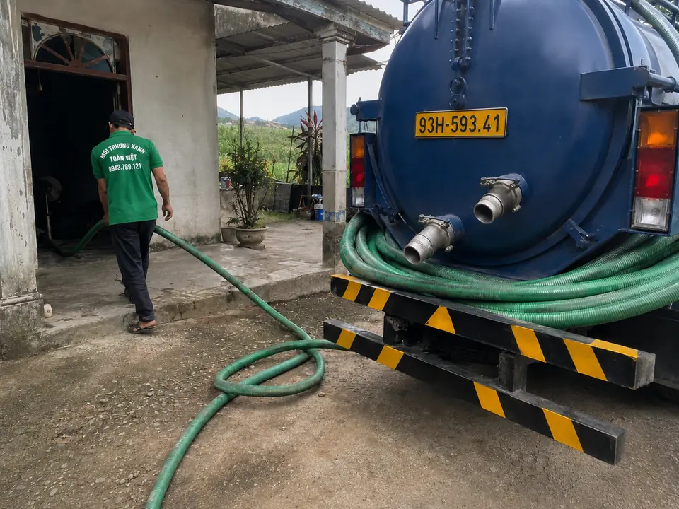Ống hút nối từ đuôi xe vào cửa nhà.