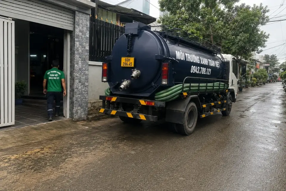 Xe bồn đỗ bên đường ướt, ống nối vào nhà.